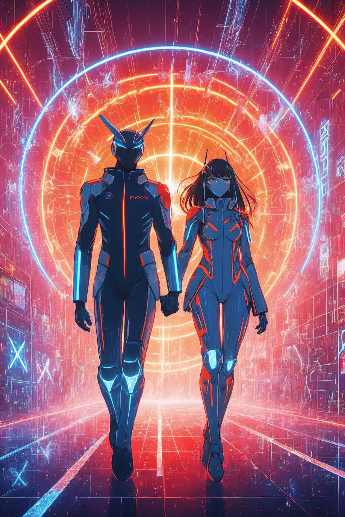 Ultra detailed illustration of an adult couple wearing plugsuits,  neon lights,  light particles by miramura101 on Tensor.Art