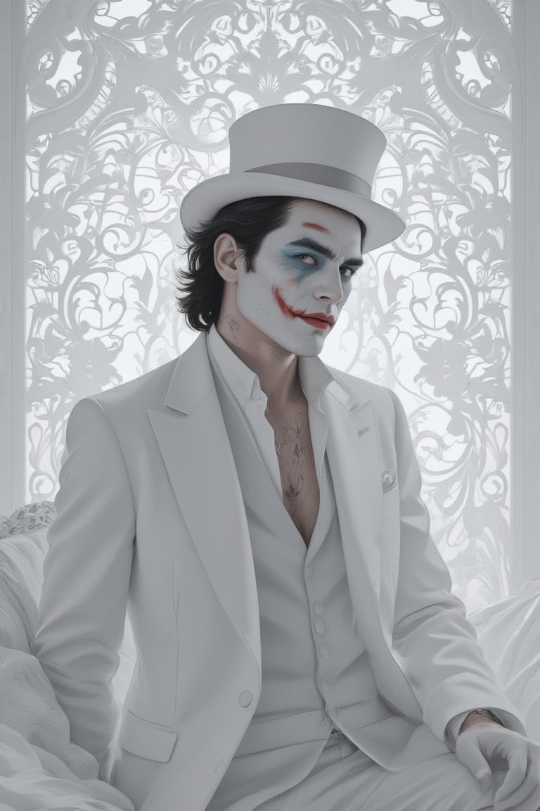 Masterpiece, professional, award-winning, intricate details, ultra high detailed, 64k, dramatic light, volumetric light, Minimalist fashion photo of a comic book villian Joker in white suit and top hat. White filigree background, 8k,ek_art_b00ster,anime,illustrated,Enhanced all