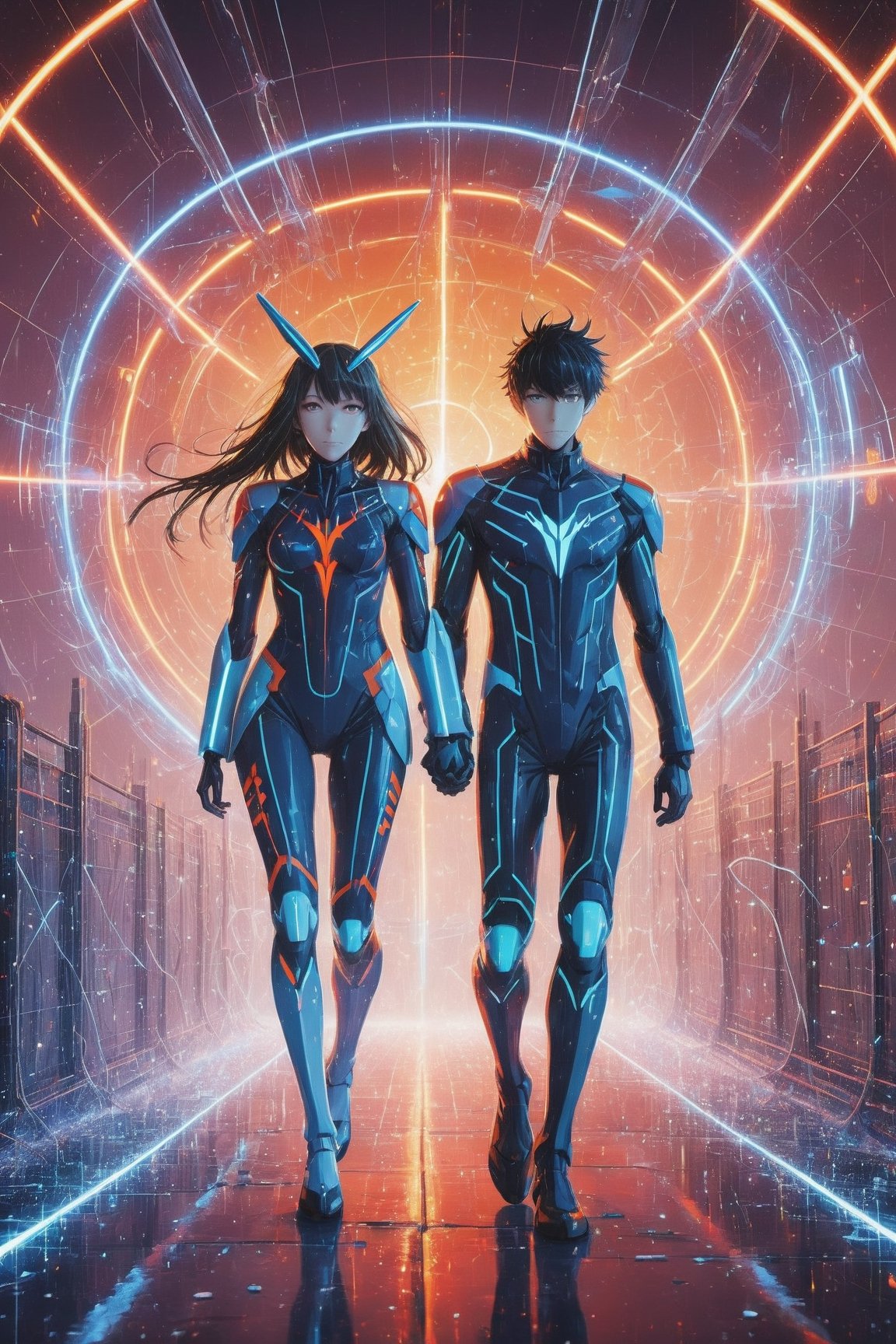 Ultra detailed illustration of an adult couple wearing plugsuits,  neon lights,  light particles by miramura101 on Tensor.Art