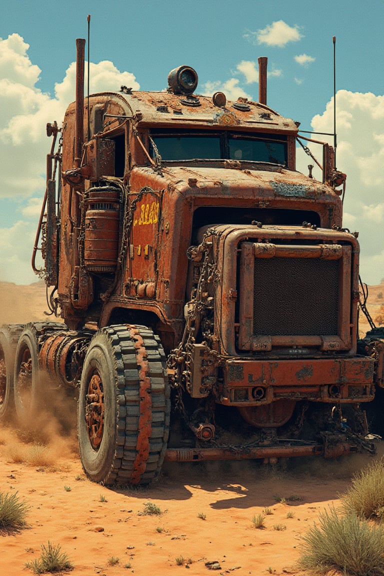 Masterpiece, professional, award-winning, intricate details, ultra high detailed, Create a shirt design with a Rusty Peterbilt truck full of chains and metal spikes in the style of Mad Max, vehicle focus, driving in desert,ek_art_b00ster,anime,illustrated,FluxBoost,myvectorillustrations