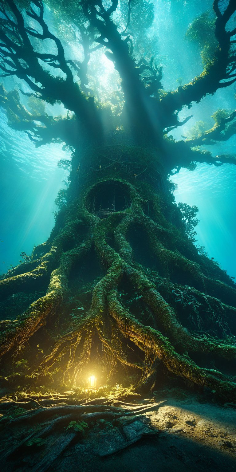 (Extremely detailed CG unity 8k wallpaper),(((Masterpiece))), (((Best Quality))), ((Ultra-detailed)), (Best Illustration),(best shadows), ((an extremely delicate and beautiful)),Masterpiece, best quality, 8K, high res, ultra-detailed,  A profound fantasy art of an underwater scene with a giant tree architecture made of ancient machinery that has its roots on the deep sea floor shrouded in darkness. A gigantic tree made from ancient machinery, with many small lights shining on its branches and leaves in the darkness. A group of mechanical ruins from a long-lost civilization that exudes eeriness, broken mechanical tower ruins, shattered remains of an unknown reactor, and a broken mechanical wall with weathered marks. A gigantic tree made from ancient machinery still continues to shine with the memories of those days as a beacon of hope, waiting for the time when it will one day fulfill its true role.