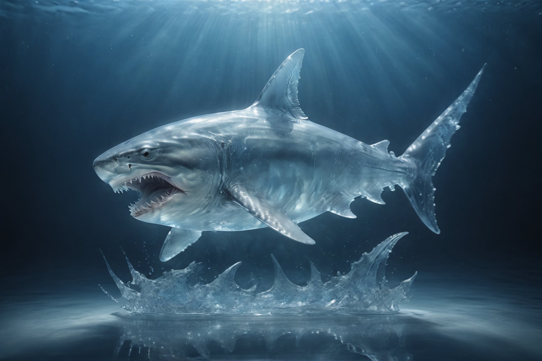 photo of a Great White Shark, a Shark (made_of_ice:1.3), in a water, modelshoot style, photo of the most beautiful artwork in the world, High Detail, Sharp focus,in the middle, full body, (closeup), best quality, glass art, magical holographic glow,xray