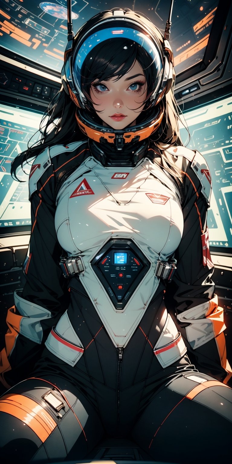 Adult female space fighter pilot in spacecraft cockpit in mega-detail suit,  she grabbed the pilot stick control,  sat dow...