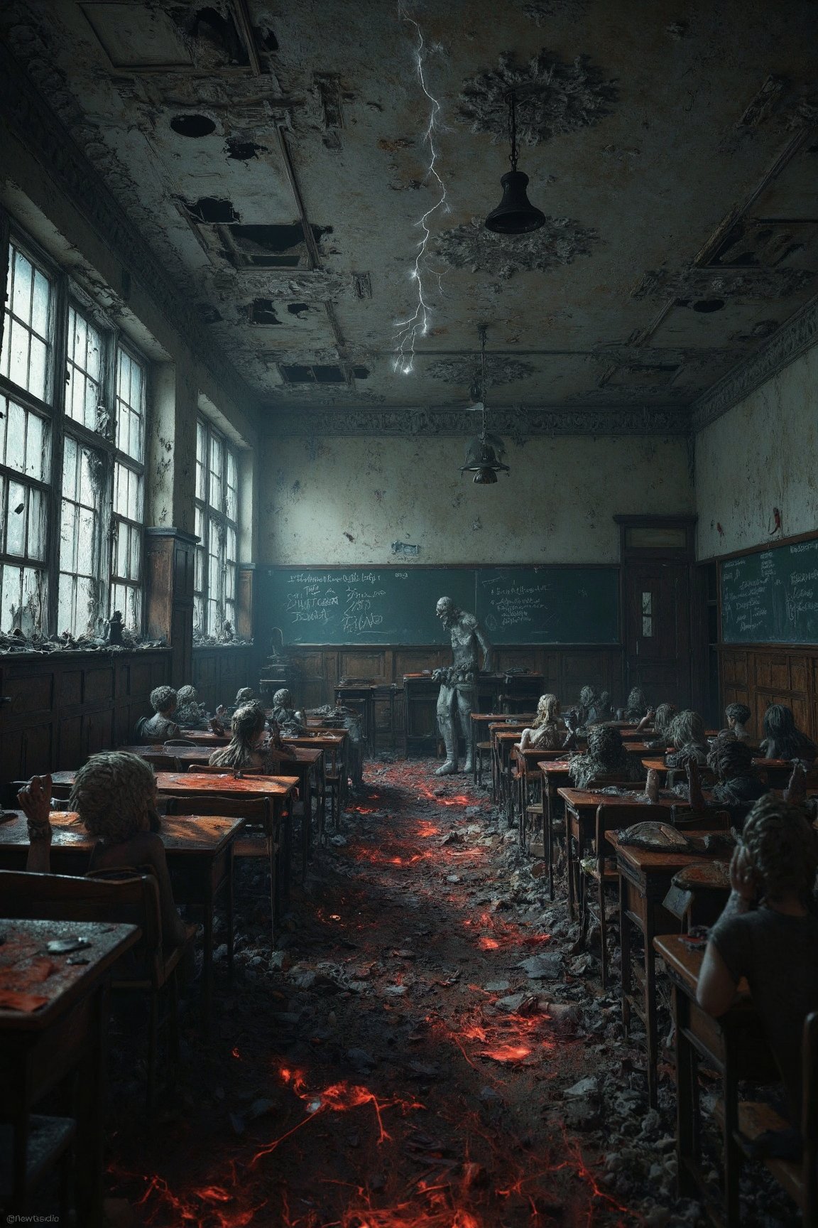 Masterpiece, professional, award-winning, intricate details, ultra high detailed, 64k, dramatic light, volumetric light, create an image of  desolate post-apocalyptic school, abandoned classrooms, shattered windows, forgotten lessons, tombstones standing in the classroom, silent halls:1, torn textbooks, weathered chalkboards, deserted playground, distant school bell. The scene is lit by an ominous red glow emanating from tombstones, casting eerie shadows over the overgrown tombstones and broken graves. Flashes of lightning illuminating the scene briefly. Everything is rendered in ultra-realistic detail, from the textures of the decayed classroom to the gritty dirt and aged tombstones, making it appear lifelike and unsettling. Showcasing incredible texture and detail. Rendered in high-quality, super-detailed textures. Meticulously illustrated. Adds eerie atmosphere in the image, 8k,