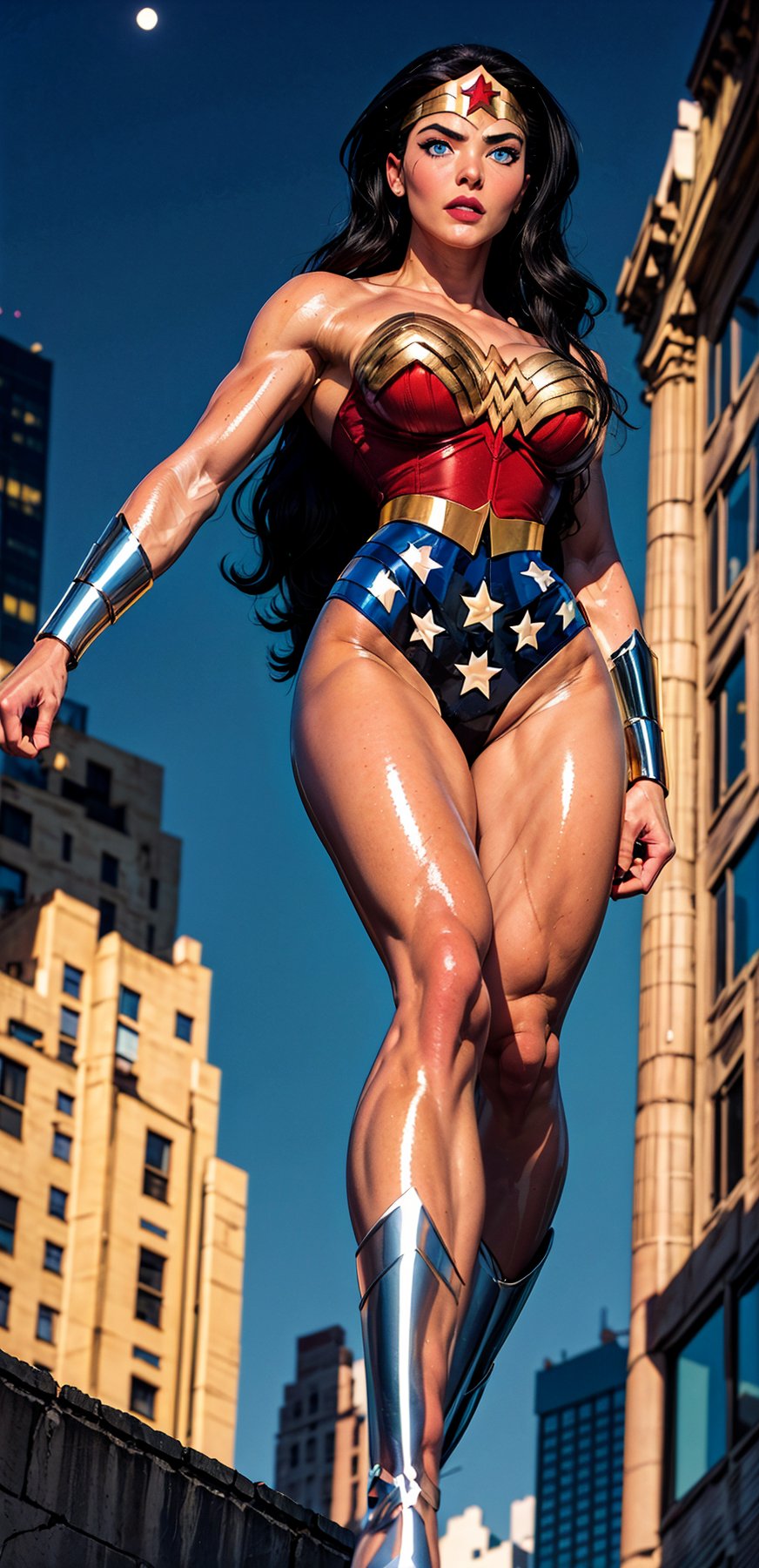 Wonder Woman, (Masterpiece), Best Quality, (Extremely detailed), (1Girl:1.4), ((beautiful blue eyes)), (black middle length wavy hair), Wonder Woman, (intricate details, makeup), (delicate and beautiful delicate face, delicate and beautiful delicate eyes, face with perfect proportions), (shiny skin: 1.2), delicate skin, strong and realistic blue eyes, realistic black hair, lips, makeup, natural skin texture, tiara, red and gold bustier, blue leotard with white stars, (silver Bracelets:1.2), red knee-high boots, golden belt, (Wonder Woman clothing:1.1), bare shoulders, ((light tanned skin:0.8)), mature, sexy, elastic muscles, (muscles: 1.2), ((strong and healthy body)), ((more) muscles))), cleavage, long legs, curves, (big breasts: 1.3), ribs, thin waist, soft waist, (delicate skin), (beautiful and sexy woman), (swollen lips: 0.9), (eyelashes: 1.2), very delicate muscles, perfect body, perfect anatomy, perfect details, perfect fingers, Perfect limbs, thigh gap, watercolor, professional, Bokeh, Decreased saturation, overlooking a (New York city skyline:1.2), overlooking a modern city, sky - high view, Sky view (on balcony), (City skylines view), ((night time:1.2)), ((from below:1.5)), ((flying:1.3)), (masterpiece, best quality), ,semi-realistic,dwarfoil,wonder2,2.5D