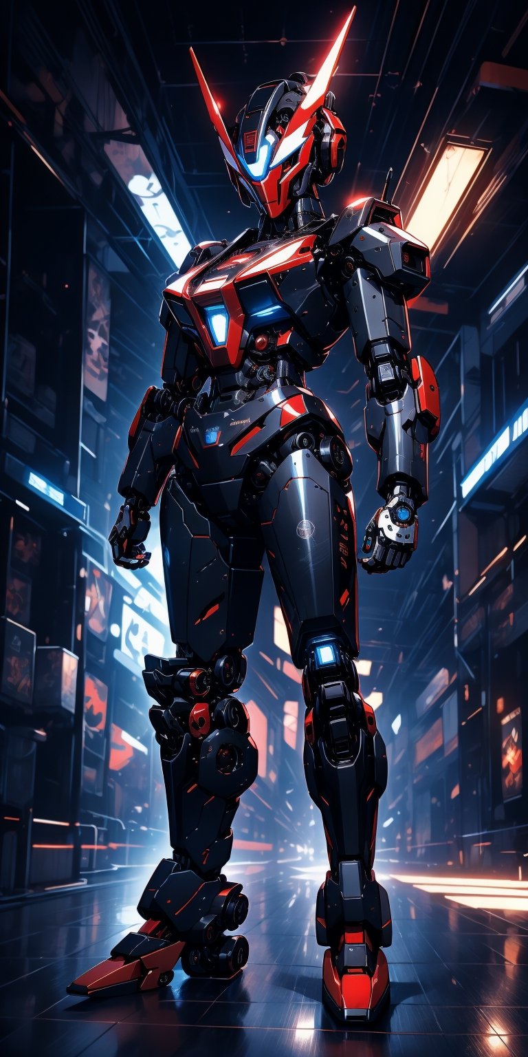 ((Best quality)), ((masterpiece)), (detailed: 1.4), Dark_fantasy, Cyberpunk, (Mecha, Black and red:1.1), 1girl, Mechanical Wonder, Robotic presence,cybernetic guardians, Masterpiece, full body shot, highly detailed, At night, head_gear, visible mouth, shadowy, 8K, Mecha mask, Laser tool,1 girl