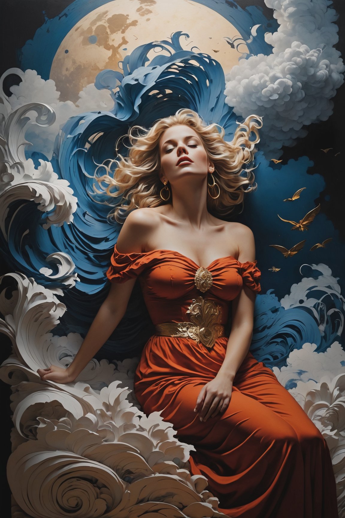 (masterpiece, best quality:1.4), stacked papercut art of in the depths of a mysterious blue abyss, a woman with striking tattoos sprawls across a floating cloud. she is adorned in a vibrant red and gold dress that contrasts against her black and white tattoos. her long blonde hair cascades down her back as she reclines on the cloud, seemingly lost in thought. beside her, an old, worn chest lies closed, its secrets locked away for eternity. the chest bears an inscription that reads: "once bound, now free." this phrase seems to capture the essence of this enigmatic scene a symbol of both constraint and liberation. a face, partially hidden behind a veil, appears in the background. it watches the woman with curiosity and fascination. its presence adds an element of intrigue, hinting at deeper stories and hidden meanings within this captivating tableau. the entire scene is shrouded in a hazy mist, giving it an ethereal quality that enhances its allure. despite the confinement of the cloud, the woman radiates an aura of  and strength, as if she has overcome whatever once bound her. the scene is a testament to resilience and the human spirit's capacity to transcend limitations. . 3d, layered, dimensional, depth, precision cut, stacked layers, papercut, high contrast