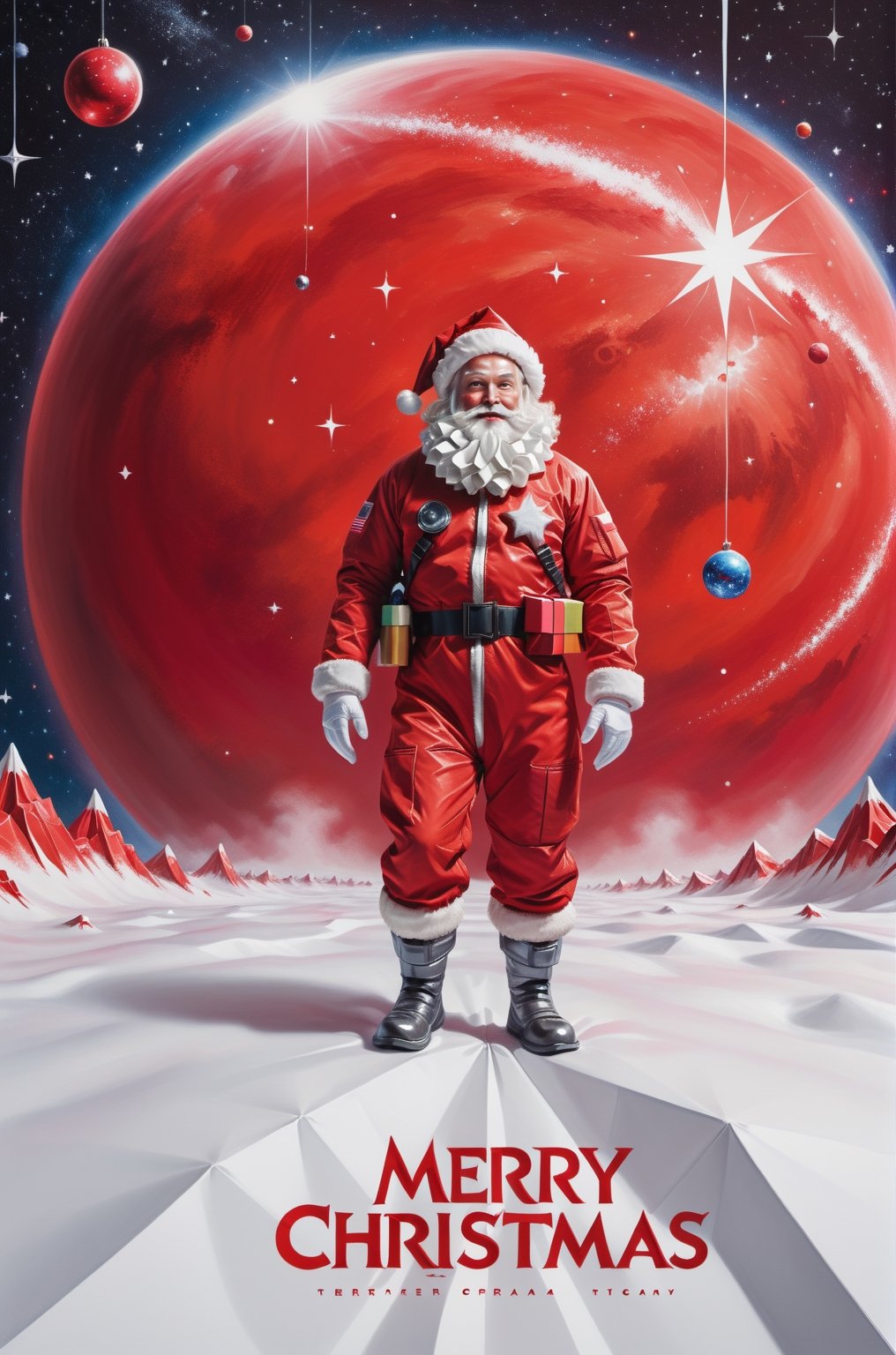 ("Merry Christmas" text logo: 1.3), Origami, dripping paint, ((Santa wearing red space-suits)) venturing into outer space to deliver presents to Aliens, full body portrait, wide scale lens, Text, aw0k magnstyle, ((Masterpiece))), Best Quality, light red painting, starry skies, (White background: 1.1), detailmaster2,Movie Still