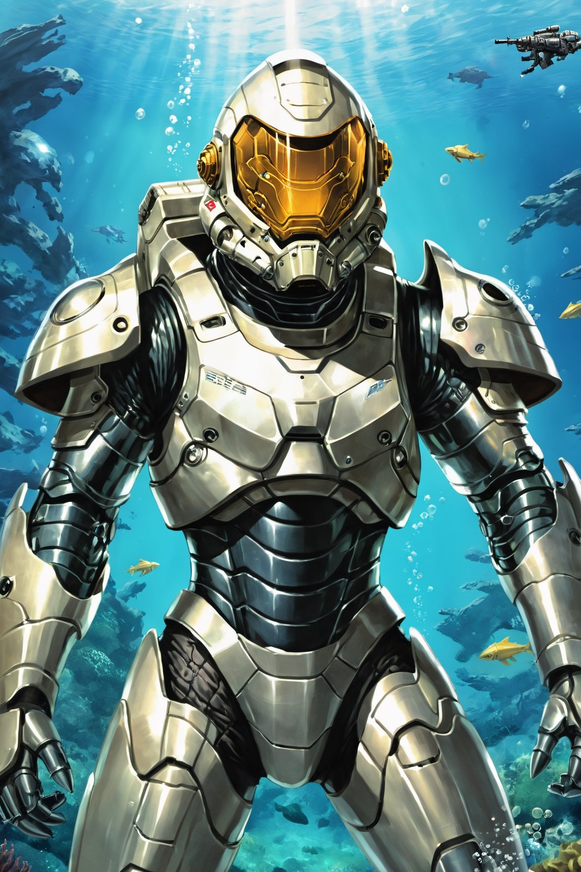 1boy, solo, adult, male, armored space warrior, ((scifi armor), hardsuit, diving suit, power armor), ((glass helmet), transparent, face visible), perfect hands, armored gloves, holding weapon, futuristic spear gun, trigger discipline, cowboy shot, underwater scene