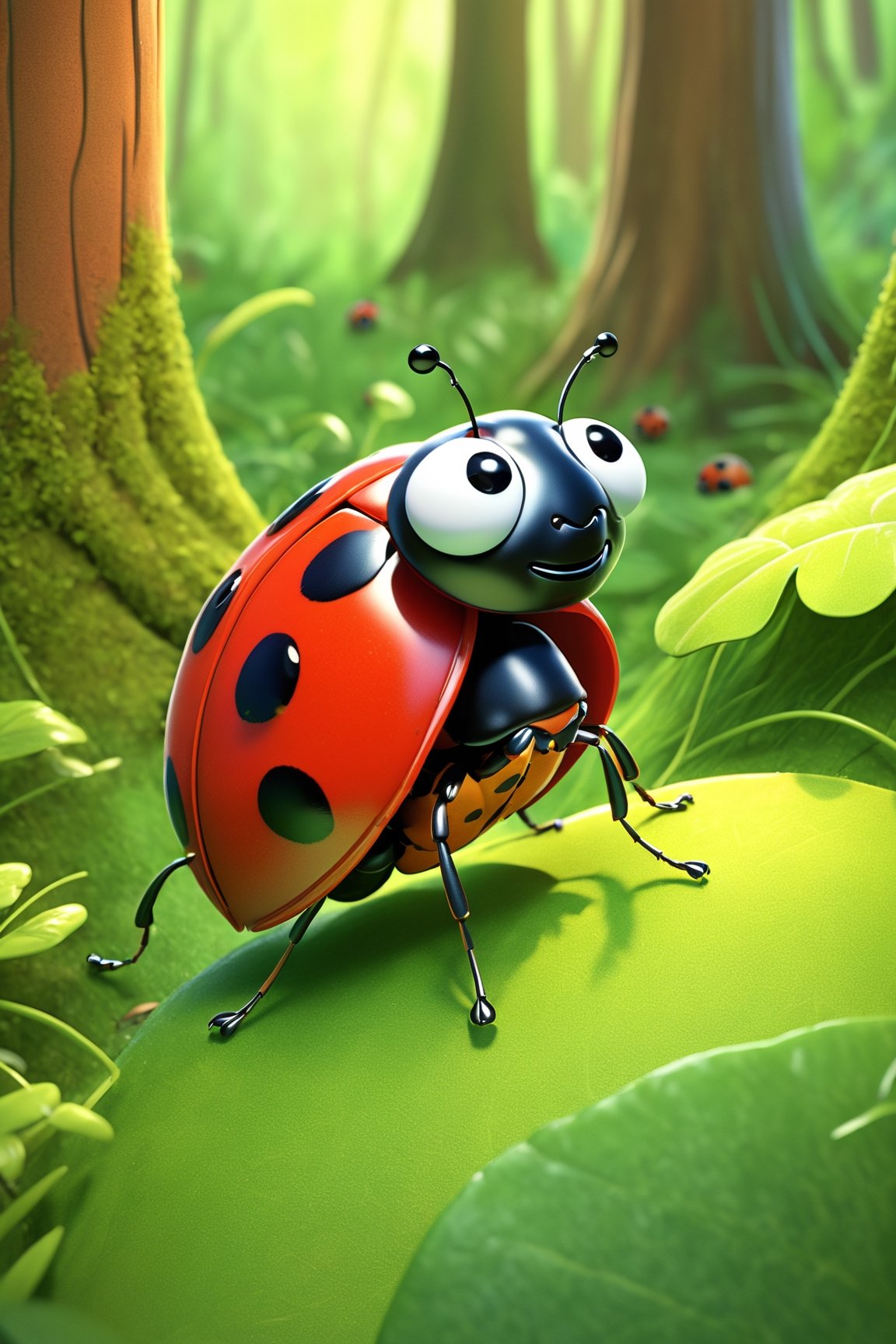 (Best quality, ultra detailed, masterpiece), Curious ladybug in the forest, 3d illustration,disney cartoon