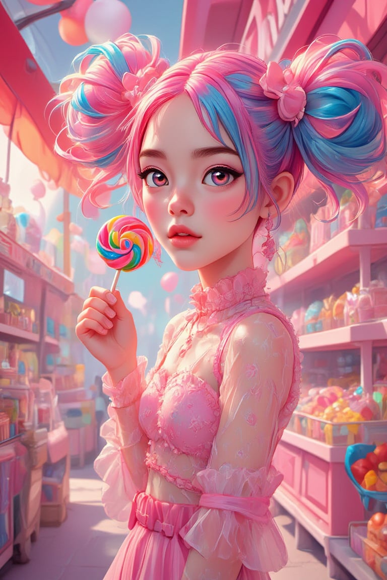 Masterpiece, professional, award-winning, intricate details, ultra high detailed, 64k, dramatic light, volumetric light, create a young woman with playful pink and blue hair styled in twin buns stands in a vibrant, candy-themed market. She wears a sheer, ruffled top and a matching pink skirt, holding a colorful lollipop. The background is filled with candy displays and ornamental decorations, bathed in warm, soft light, creating a cheerful and whimsical atmosphere,ek_art_b00ster,anime,illustrated,Color