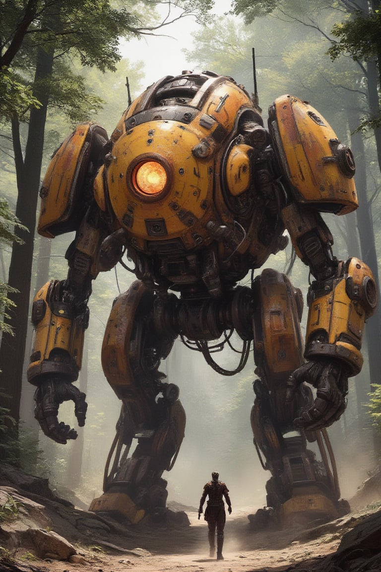 Masterpiece, professional, award-winning, intricate details, ultra high detailed, 64k, dramatic light, volumetric light, steampunk era, medium size robot, piloted by an human, steampunk style, action environment, forest, leaf shadows, globalized enlightenment, volumetric lights, Natural color contrasts with metal and rust colors, High resolution, 8k,ek_art_b00ster,anime,illustrated,