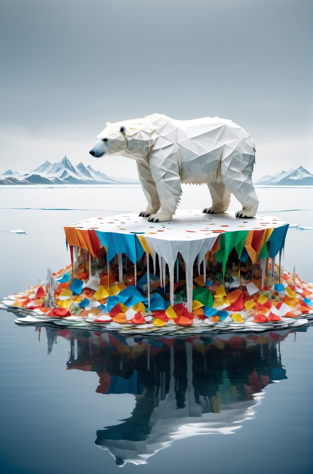 ("SAVE OUR PLANET" text logo: 1.3), Origami, dripping paint, White Polar Bear standing on a tiny island made of waste in a vast ocean, full body portrait, wide scale lens ,Text,aw0k magnstyle,detailmaster2,Movie Still