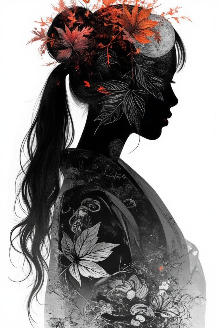 (silhouette:1.25), silhouette art, shadow of figure, Autumn leaves pattern on woman silhouette isolated on white background, (Female silhouette: Kimono: Hakama: Long ponytail: Dynamic pose), Draw the autumn leaves pattern only on the woman's silhouette.,BREAK,Autumn leaves pattern: black and grey gradation: Overlapping translucent autumn leaves: Overlapping layers: black colors: BREAK,vector art,Draw a background painting using the moon and autumn leaves in blak colors, shadow of woman, (masterpiece:1.3),(highest quality:1.4),(ultra detailed:1.5),High resolution,extremely detailed,unity 8k wallpaper,.ek_art_b00ster,anime,illustrated,FluxBoost