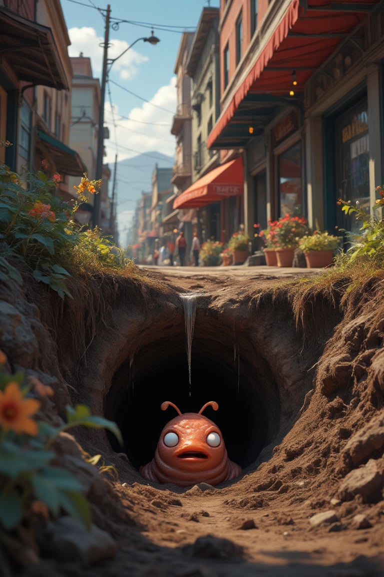 Masterpiece, professional, award-winning, intricate details, ultra high detailed, 64k, dramatic light, volumetric light, Create an image of a lively anime street in San Bernardino, featuring a small underground burrow where a tiny and cute anime earthworm named "Stinker" is born. The scene should capture the vibrant atmosphere of San Bernardino, California, with narrow streets, old buildings, and a mix of human activity. In the background, there should be a subtle depiction of sounds or vibrations in the soil, as if the earth itself is echoing with words like "Stinker, how have you buried it?". The earthworm's burrow should appear cozy, with little hints that this is no ordinary earthworm. Funny scene with goofy face of earthworm is detailed and visible.,ek_art_b00ster,anime,illustrated,FluxBoost