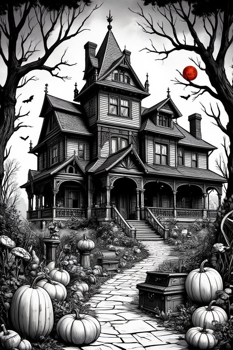 Masterpiece, professional, award-winning, intricate details, ultra high detailed, 64k, dramatic light, volumetric light, black and white, colouring book illustration style of spooky haunted house poster, pumpkins, bats, withered giant branches, red moon, ray tracing, stacked chests, haunted house in black and White. Showcasing incredible texture and detail. Rendered in high-quality, super-detailed textures. Meticulously illustrated. Adds ominous atmosphere in the image, 8k, ek_art_b00ster,anime,illustrated,FluxBoost,myvectorillustrations