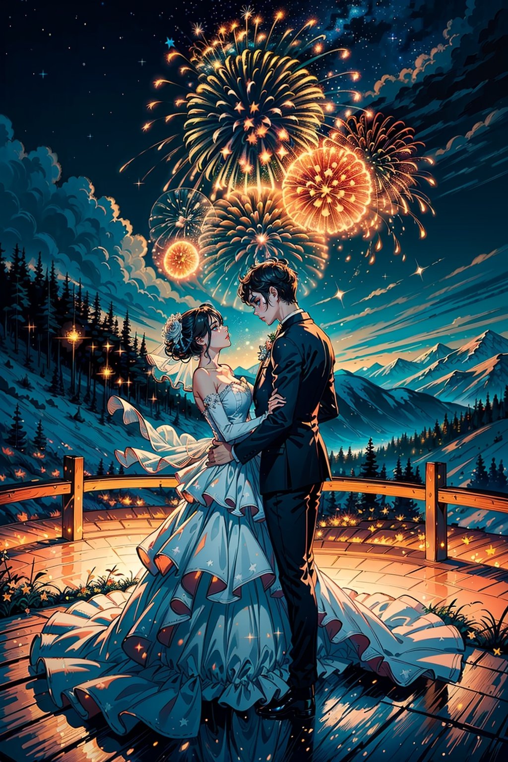 ((Best Quality, high resolution, Masterpiece:1.2)), (romantic), (Honeymoon:1), (Stargazing from the top of the mountain), (Spectacular sky fireworks display), (Spectacular fireworks display), (Giant fireworks display), (wedding dress), (suit), (Twinkling Stars:1.5), Romantic couple photos, Cinematic film stills,