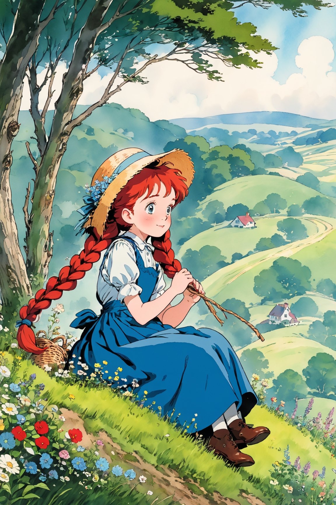 (masterpiece, best quality),from side, 1girl, solo, After searching for hours, They find a Anne (Green Gables)), Red-haired girl, With a wide-brim straw hat, two long red braids, Curious big eyes, Innocent, Joyful look, wear a floral pioneer dress with an apron,sitting on a branch sticking out of a hill,Anime,Enhanced All,ghibli,illustrator,sticker design