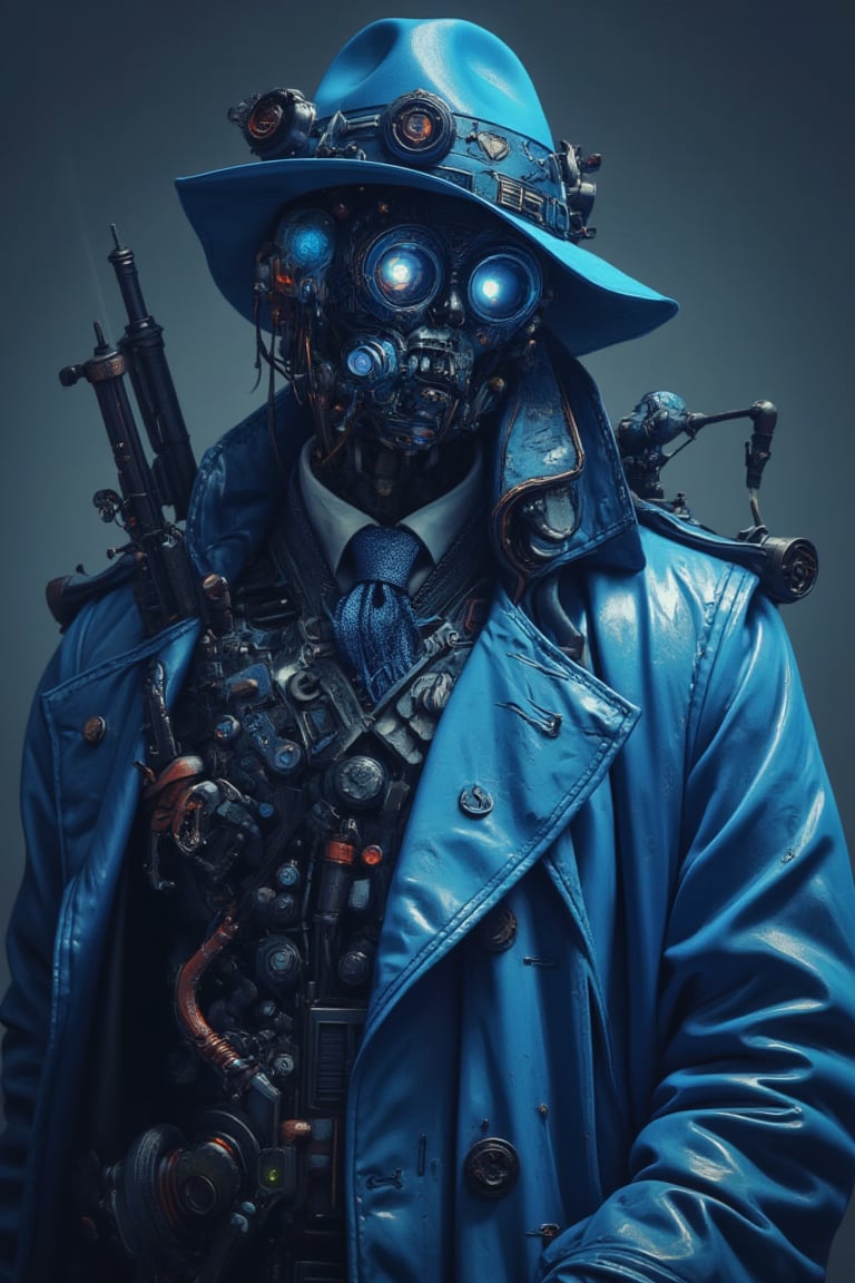 Masterpiece, professional, award-winning, intricate details, ultra high detailed, 64k, dramatic light, volumetric light, A comic noir-themed humanoid robot, wearing a closed blue trench coat, a blue fedora hat, a mask without details instead of a blue colored face with two unique white eyes and a Mauser in its right hand.,ek_art_b00ster,anime,cyberpunk,