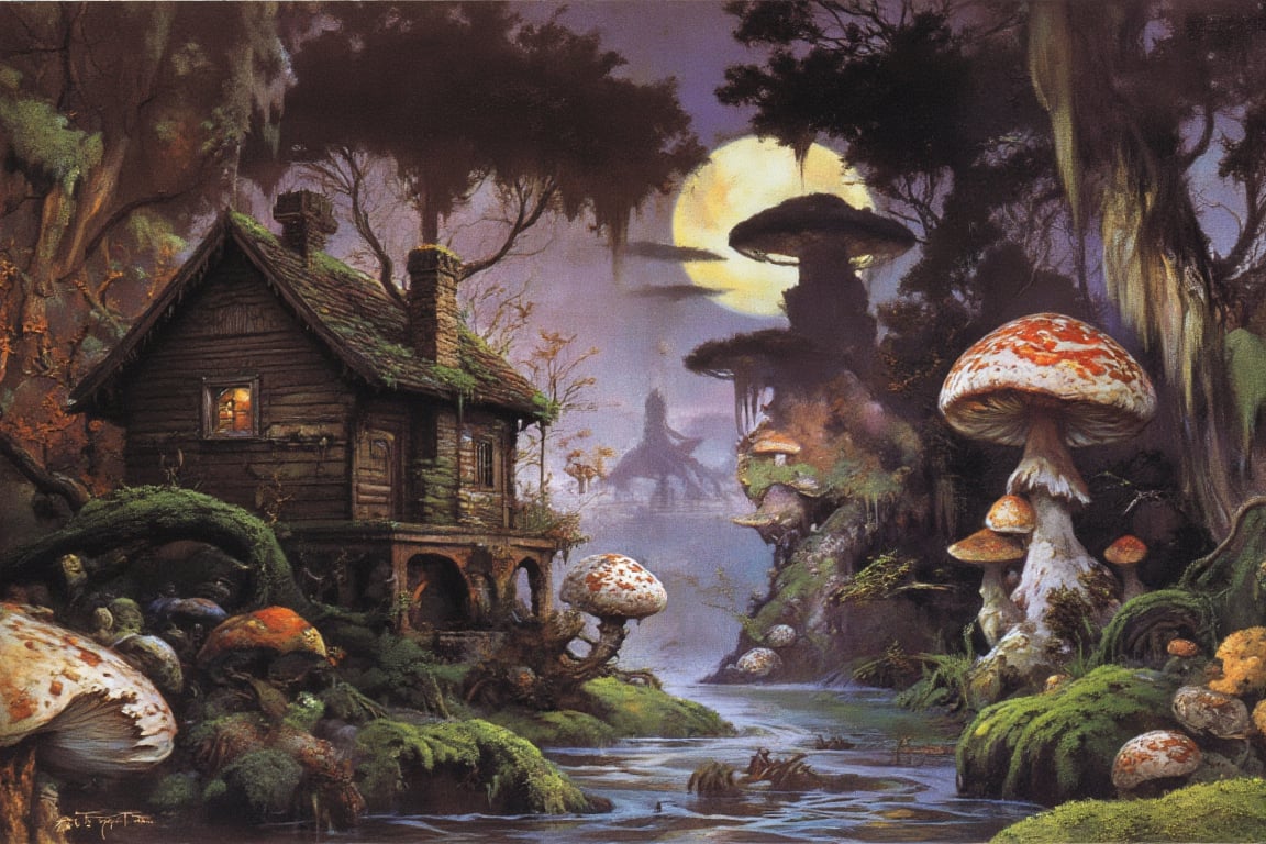 Masterpiece, professional, award-winning, intricate details, ultra high detailed, 64k, dramatic light, volumetric light, wild nature oil painting, old house with moss, mushroom, giant mushrooms in many color, river meandering through the trees, reflection, abstract art, African plains, drip painting, street moonscape, dynamic, energetic and expressive, play of colors and shapes, shredded, cork, flaky, large spots, impasto, knife pallet, 3D modeling, unreal engine, ultra detailed, hyperreal, 4k, 3d, HDRisunlight, forest of magic,FANTASY,OIL,PAINTING,IN,THE,STYLE,OF FR4Z3TT4