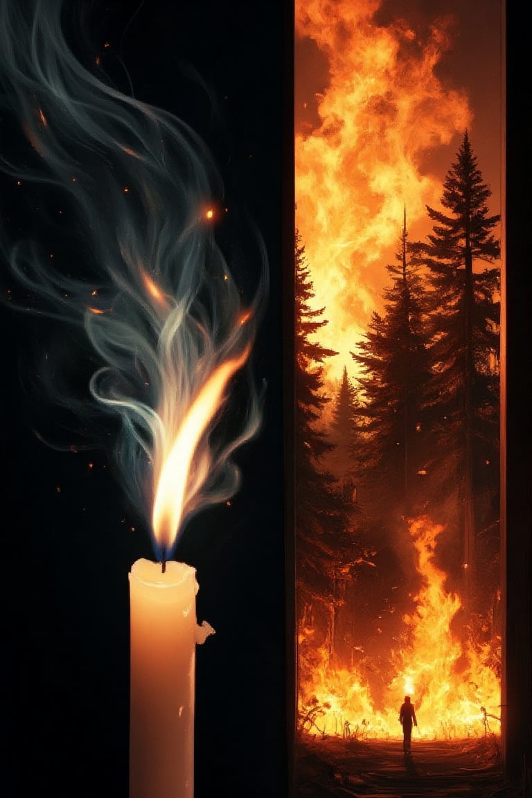 Masterpiece, professional, award-winning, intricate details, ultra high detailed, 64k, dramatic light, volumetric light, Create an image of a small flickering candle in a dark room is blown out by a gust of wind, symbolizing weakness. In contrast, a raging forest fire is shown in the next scene, with the same wind making the fire even stronger and more intense, symbolizing strength and perseverance against challenges. Showcasing incredible texture and detail. Rendered in high-quality, super-detailed textures. Meticulously illustrated. Adds ominous atmosphere in the image, 8k, ek_art_b00ster,anime,illustrated,FluxBoost,myvectorillustrations