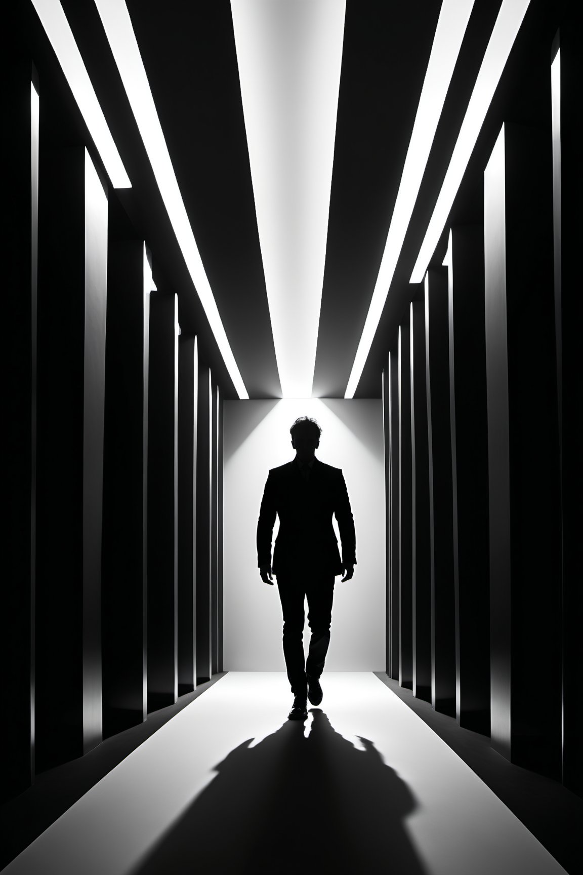 (silhouette:1.25), dark background, A black and white photo of a person walking through a tunnel, Deep lines and shadows, Light and shadow contrast, Strong light and shadows, High contrast light and shadows, Glowing lines, Great light and shadow, Dramatic light and shadows, Beautiful light and shadow, Lines and movement, Dramatic light and shadow, Volumetric Light, Surrealism, flat color, flat shading, highres, superb, 8k wallpaper, extremely detailed, intricate, limited palette,