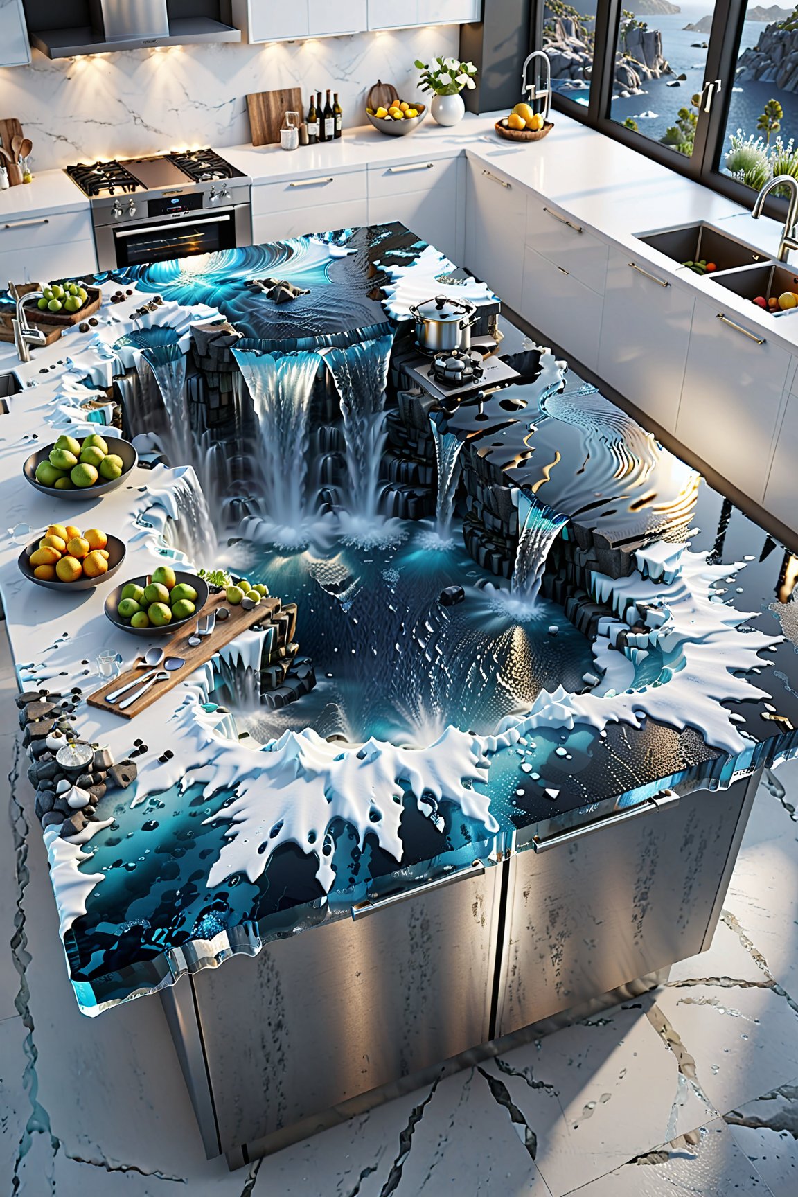 (masterpiece, best quality:1.4), a kitchen island with a waterfall in the middle of it, an exquisite 3 d map, trending on artstatioin, flowing realistic fabric, fantasy 4k, salt effects, big desk, autodesk, epicurious, trending on artsation, lava rock, by Arnold Brügger, high grain, surrealism designed,
ensure that the shadows and lighting looks realistic and believable,
ensure that the kitchen island looks extremely realistic and believable,
ensure that the water and ice, looks extremely realistic and believable,
16k, high-difinition, 32-Bit-high color, high-resolution, high-fidelity, high-quality, ultra HD, super-resolution, enhanced detail, crystal clear, high-definition color, high-definition texture, sharpness boost, ultra-high quality,
make the effects extrem photorealistic, make the light and shadow more realistic, (make the atmosphere more realistic:1.3), (make the background more interesting:1.2), make the backround more realistic, make water extrem ultra realistic, make all accessories extremely ultra realistic,
water element, water, ice and water, ice, water, water ring,more detail XL