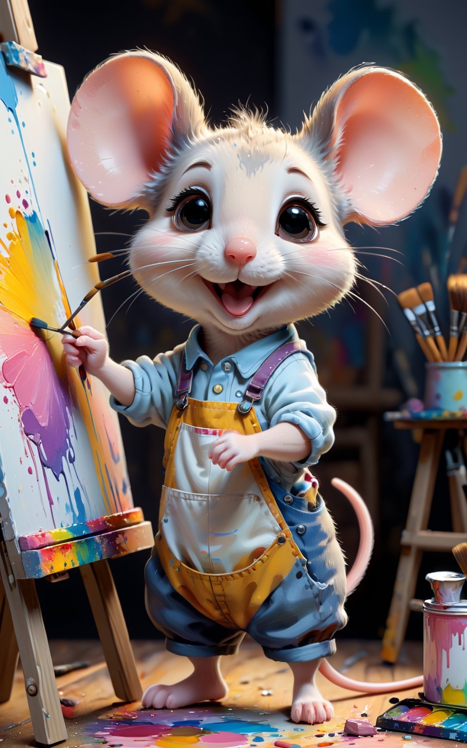 "A little mouse looking very cute. Mouse is working as an artist. Wearing typical clothes like a painter. Mouse looks very...