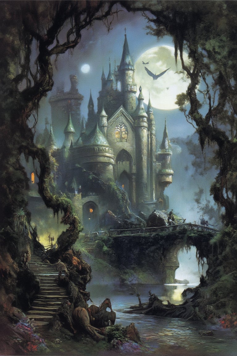 Masterpiece, professional, award-winning, intricate details, ultra high detailed, 64k, dramatic light, volumetric light, Enchanting, dreamy watercolor depiction of a fairytale castle nestled in a lush forest, photorealistic, magical, fantasy, majestic, ethereal, mystical, enchantment, medieval architecture, secret gardens, enchanting pathways, moonlit ambiance, storybook charm,FANTASY,OIL,PAINTING,IN,THE,STYLE,OF FR4Z3TT4