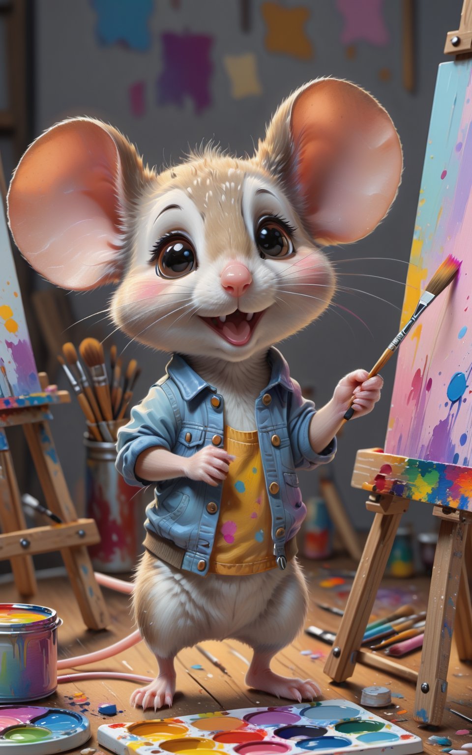 "A little mouse looking very cute. Mouse is working as an artist. Wearing typical clothes like a painter. Mouse looks very...