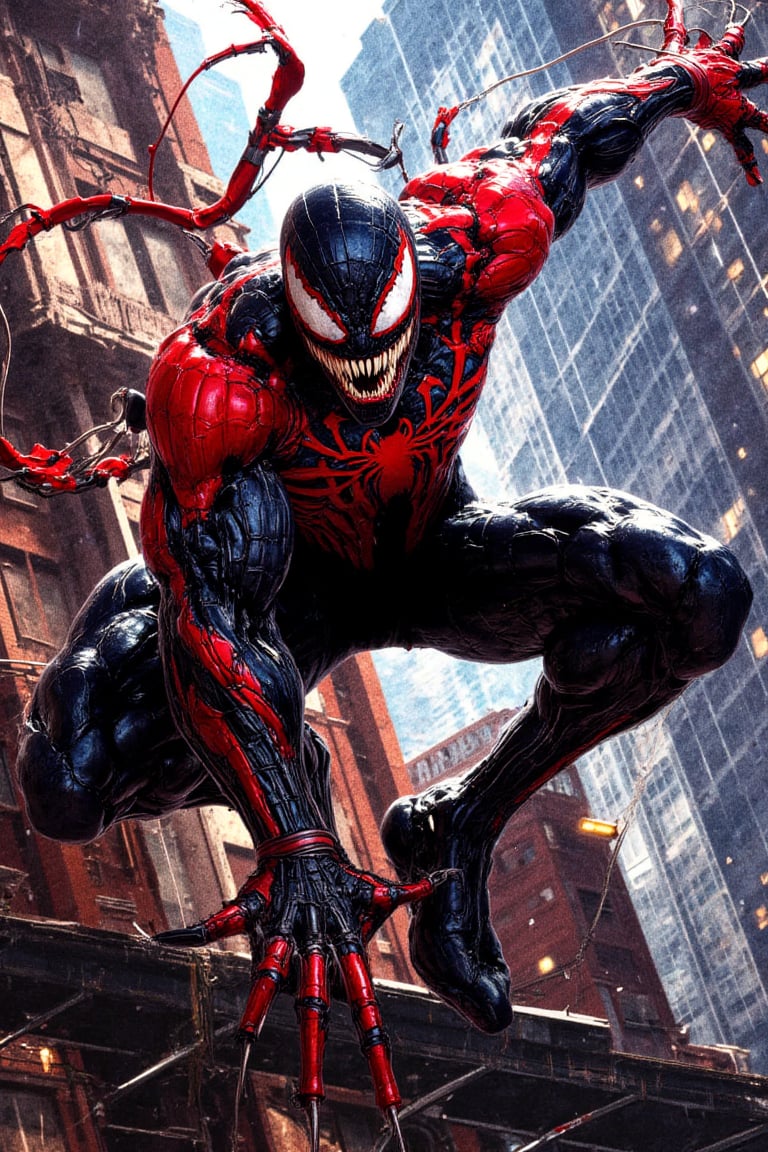 Masterpiece, professional, award-winning, intricate details, ultra high detailed, 64k, dramatic light, volumetric light, create an full body image of spider man in venom costume, swinging from building to building, Unreal Engine 5, amazing, (leather texture:1.1), (Sweaty Body 1.1), (skin shine 1.1), (very detailed face:1.1), highly detailed body, (very detailed clothing), (Realistic Ultra High Definition, ultra high resolution, cinematic lighting, rim lighting, photo by Arny Freytag. Showcasing incredible texture and detail. Rendered in high-quality, super-detailed textures. Meticulously illustrated. Adds ominous atmosphere in the image, 8k,Venom