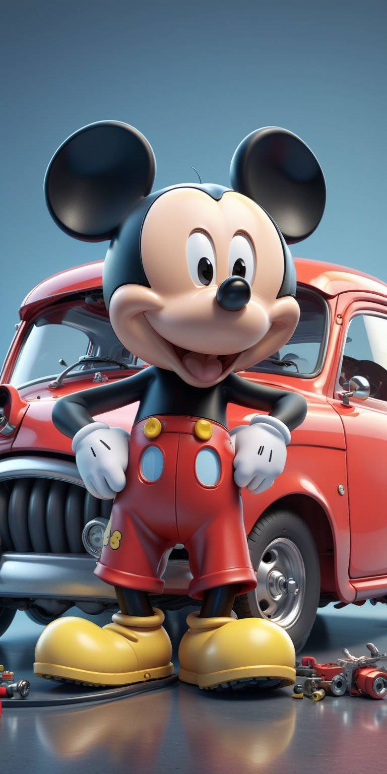 "A masterpiece illustration of Mickey Mouse as a skilled Mechanic fixing a car,  showcasing perfect body proportions and a...