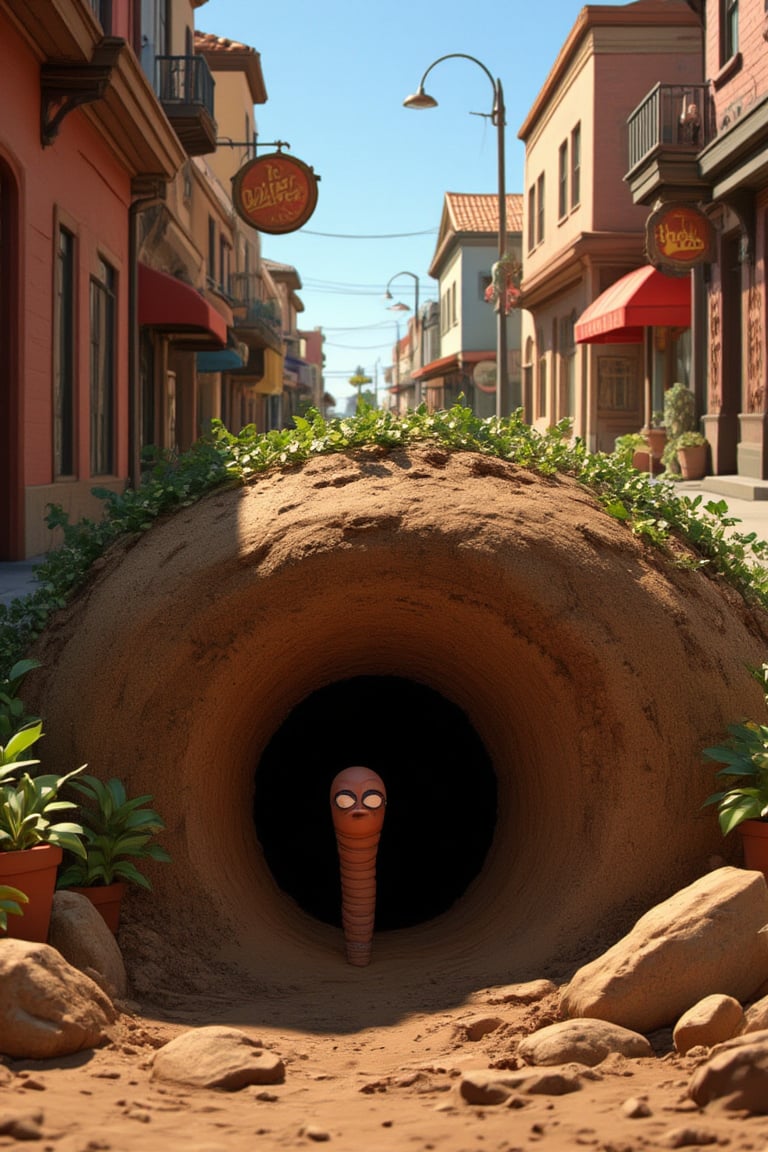 Create an image of a lively street in San Bernardino, featuring a small underground burrow where a tiny earthworm named "Stinker" is born. The scene should capture the vibrant atmosphere of San Bernardino, California, with narrow streets, old buildings, and a mix of human activity. In the background, there should be a subtle depiction of sounds or vibrations in the soil, as if the earth itself is echoing with words like "Stinker, how have you buried it?". The earthworm's burrow should appear cozy, with little hints that this is no ordinary earthworm. Funny scene with goofy face of earthworm is detailed and visible.