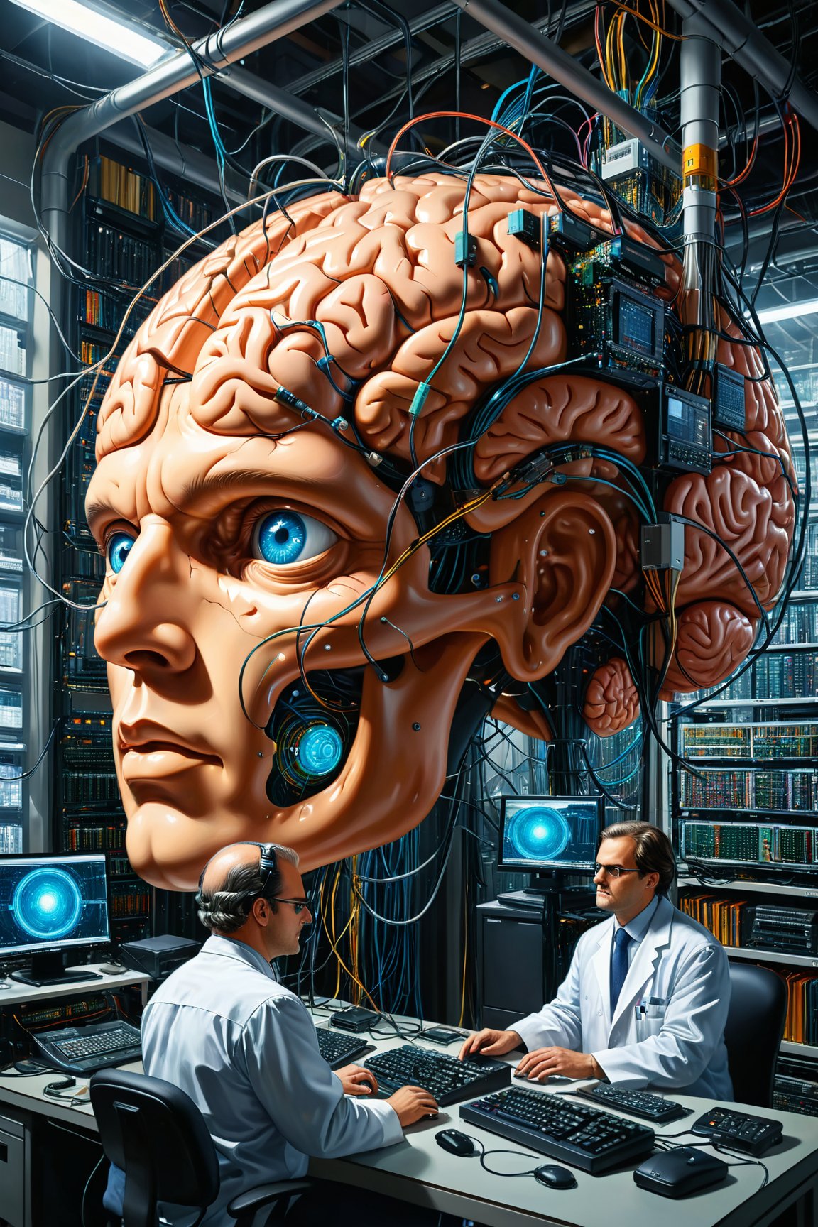 (masterpiece, best quality:1.4), In the center of the room, a colossal human brain is intricately connected to advanced computers housed in the surrounding racks by millions of wires. This extraordinary Brain possesses two eyes that fixate upon us with astonishing precision, captured in a painting with unparalleled detail and resolution at K, there are two scientists who are examining the Brain,more detail XL