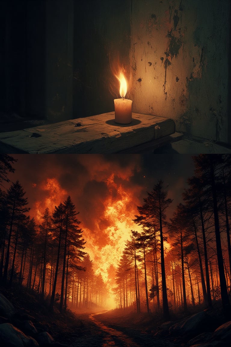 Masterpiece, professional, award-winning, intricate details, ultra high detailed, 64k, dramatic light, volumetric light, Create an image of a small flickering candle in a dark room is blown out by a gust of wind, symbolizing weakness. In contrast, a raging forest fire is shown in the next scene, with the same wind making the fire even stronger and more intense, symbolizing strength and perseverance against challenges. Showcasing incredible texture and detail. Rendered in high-quality, super-detailed textures. Meticulously illustrated. Adds ominous atmosphere in the image, 8k, ek_art_b00ster,anime,illustrated,FluxBoost,myvectorillustrations