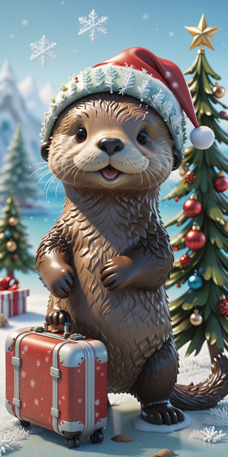 "A detailed illustration of a print of a cute sea otter standing under Christmas tree and it wear Santa hat pulling worn suitcase. snowflakes around cartoon style, christmas theme, showcasing perfect body proportions and a flawlessly detailed head, in high definition.", 3d, C4D, mixer, Octane rendering, Masterpieces in pastel colors, Soft material, Best Quality, super detaill, High Quality, 4k, (3d, cute, chibi style), ((perfect high detailed image)),