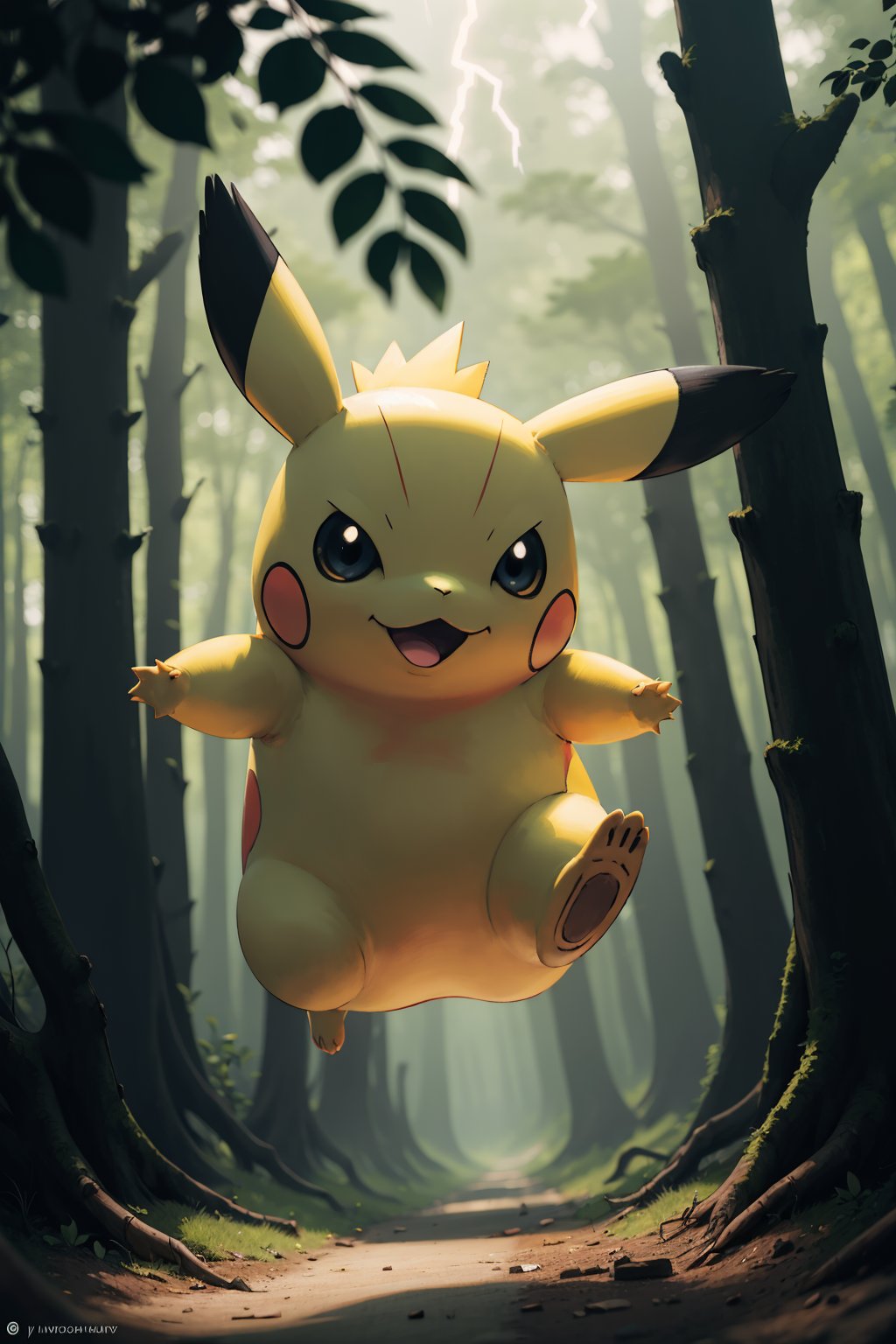 photo of the most beautiful artwork in the world featuring Pikachu, pokemon, with lightning coming from cheeks, full body 8k unity render, action shot, skin pores, very dark lighting, heavy shadows, detailed, detailed face, (vibrant, photo realistic, realistic, dramatic, dark, sharp focus, 8k), (intricate:1.4), decadent, (highly detailed:1.4),(ultra realistic:1.2), octane render, ((forest background:1.2))