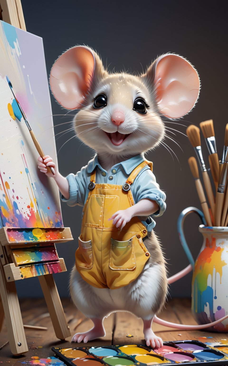 "A little mouse looking very cute. Mouse is working as an artist. Wearing typical clothes like a painter. Mouse looks very...