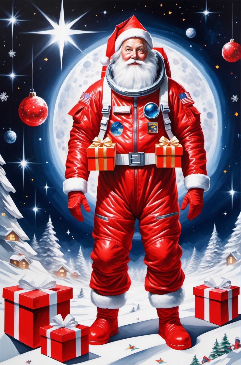 ("Merry Christmas" text logo: 1.3), Origami, dripping paint, ((Santa wearing red space-suits holding bags of presents)) venturing into outer space to deliver presents to Aliens, full body portrait, wide scale lens, Text, aw0k magnstyle, ((Masterpiece))), Best Quality, light red painting, starry skies, (White background: 1.1), detailmaster2,Movie Still