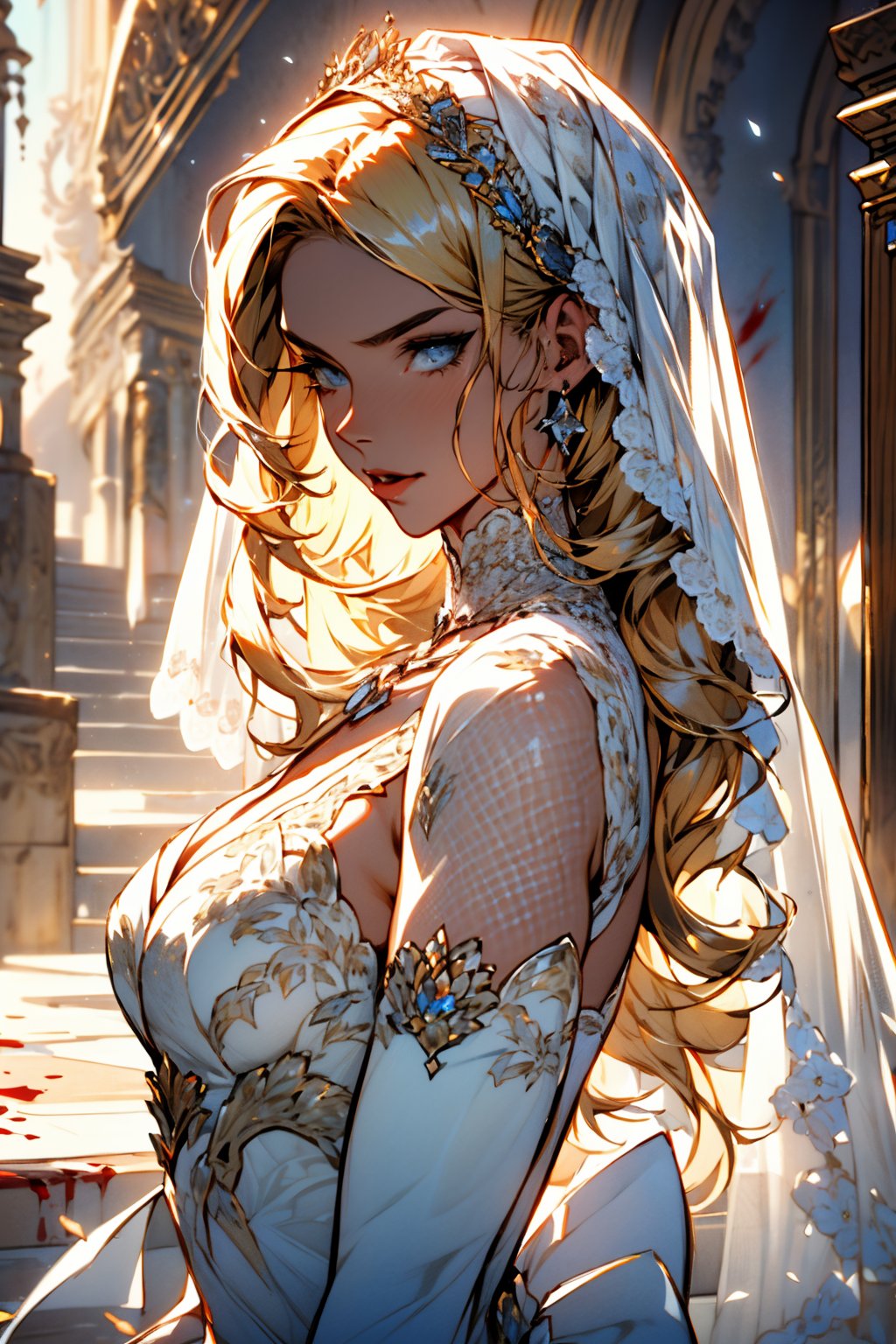 ((Best quality,masterpiece:1.3)), ultra high res,1girl, firearm, dress, blonde hair, veil, solo, jewelry, blood, necklace, blue eyes, blood on clothes, white, bridal veil, wedding dress, tree, building,(covered in  artstation),FAN ART style, colourful, beautiful, artstation, film mood, dramatic, oppressive lighting, shadows, cinematic atmosphere, sharp focus, 