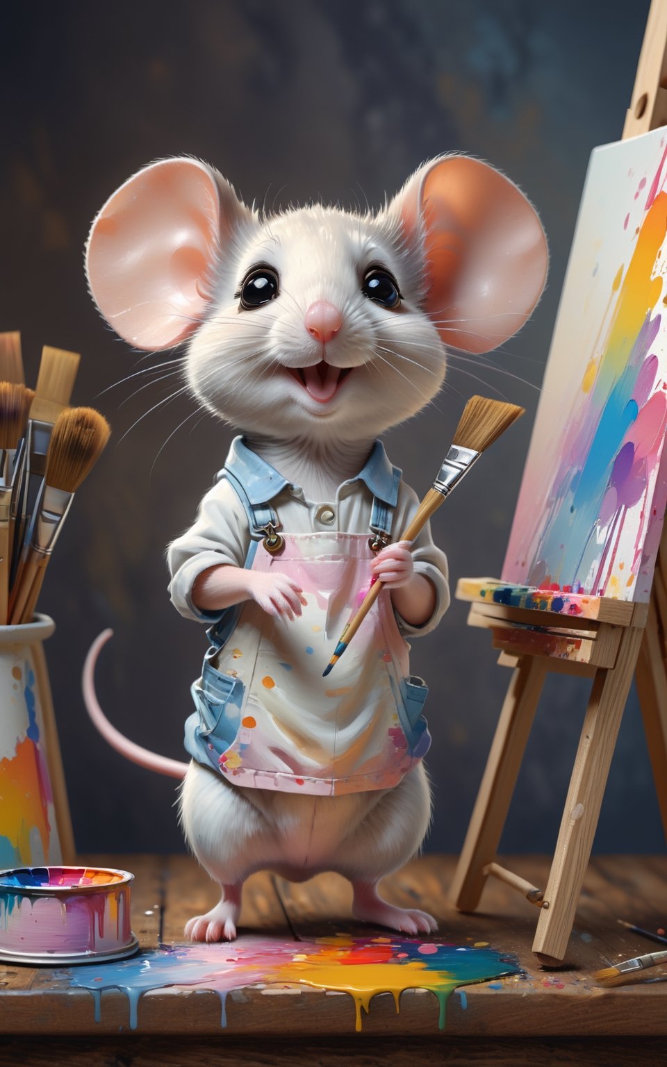 "A little mouse looking very cute. Mouse is working as an artist. Wearing typical clothes like a painter. Mouse looks very...