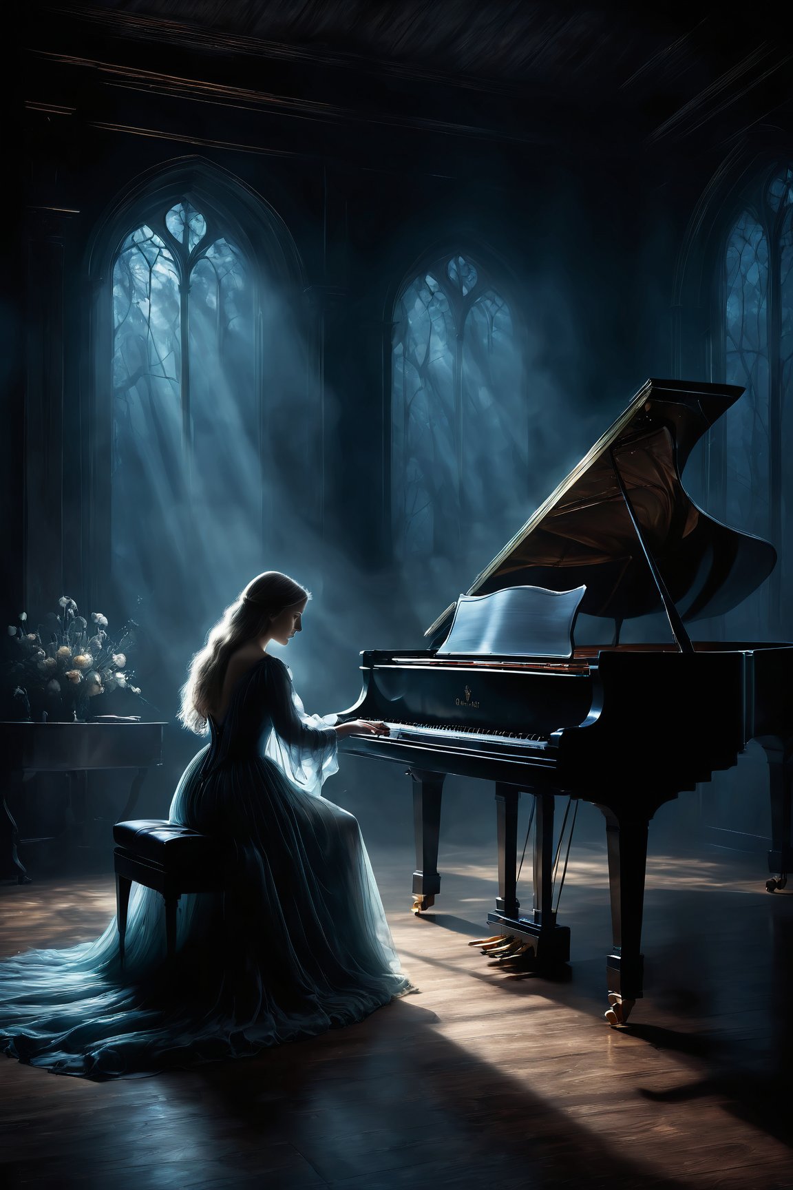 a haunting and ethereal digital painting of a ghostly figure playing a melancholic melody on a grand piano, surrounded by an enchanted audience entranced by the music, oblivious to the dark and eerie surroundings. The ghostly figure is partially transparent, emitting a soft glow, with flowing ethereal robes. The grand piano is intricately detailed, with delicate looks and a weathered appearance. The composition is dynamic and atmospheric, with muted colors and dramatic lighting, evoking a sense of mystery and foreboding. Inspired by the works of classical painters like Caspar David Friedrich, this artwork captures the captivating and haunting nature of the scene. Created using digital painting techniques and rendered with realistic textures and lighting effects for a stunning and immersive visual experience.