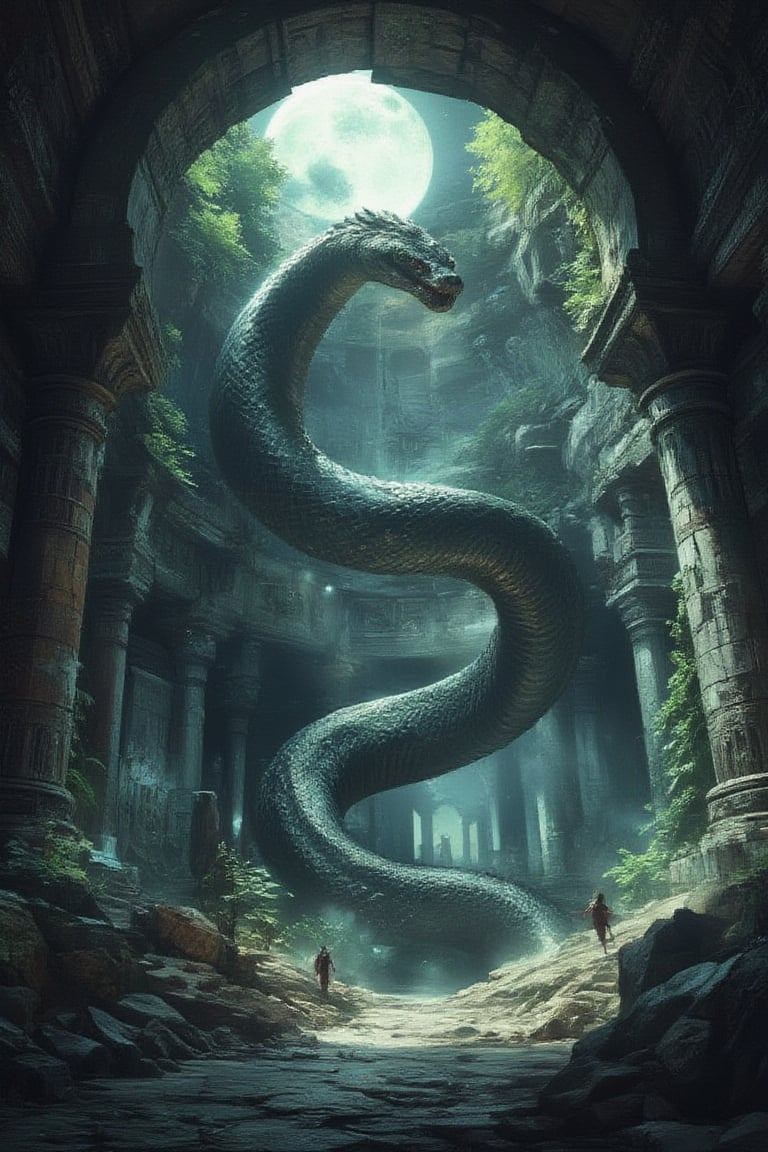 Masterpiece, professional, award-winning, intricate details, ultra high detailed, 64k, dramatic light, volumetric light, Enigmatic, moonlit ruins with ancient giant snake and ethereal wisps, photorealistic, mystical, ancient civilization, mythical guardians, mysterious atmosphere, (enigmatic beauty:1.3), overgrown vines, lost history, whispered echoes, hidden knowledge, time-worn stones, mystical remnants, 8k,ek_art_b00ster,anime,illustrated,