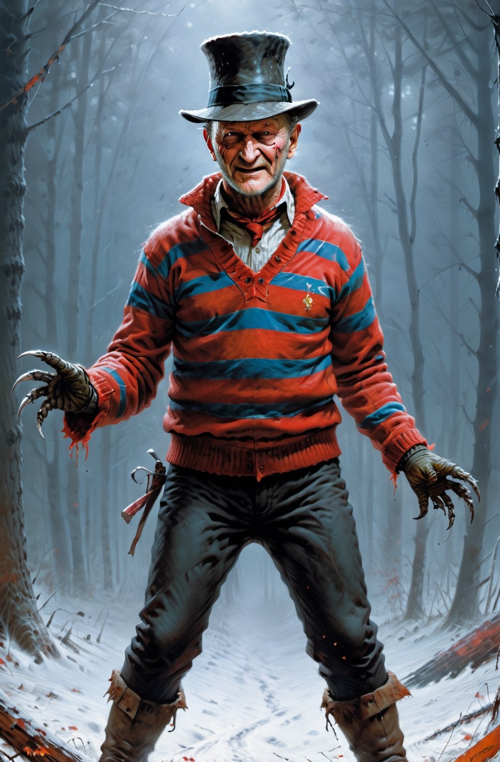 Arafe dressed as a man in a striped sweater and fedora,  Freddy Kruger,  Freddy Kruger Style by miramura101 on Tensor.Art