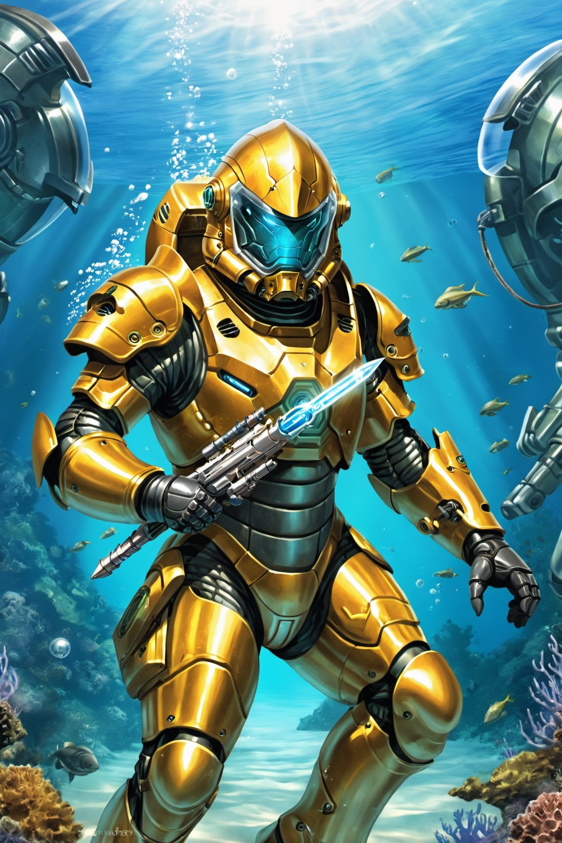 1boy, solo, adult, male, armored space warrior, ((scifi armor), hardsuit, diving suit, power armor), ((glass helmet), transparent, face visible), perfect hands, armored gloves, holding weapon, futuristic spear gun, trigger discipline, cowboy shot, underwater scene