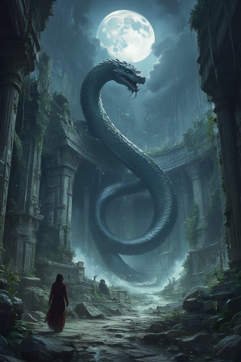 Masterpiece, professional, award-winning, intricate details, ultra high detailed, 64k, dramatic light, volumetric light, Enigmatic, moonlit ruins with ancient giant snake and ethereal wisps, photorealistic, mystical, ancient civilization, mythical guardians, mysterious atmosphere, (enigmatic beauty:1.3), overgrown vines, lost history, whispered echoes, hidden knowledge, time-worn stones, mystical remnants, 8k,ek_art_b00ster,anime,illustrated,Enhanced all,Fantasy detailers 