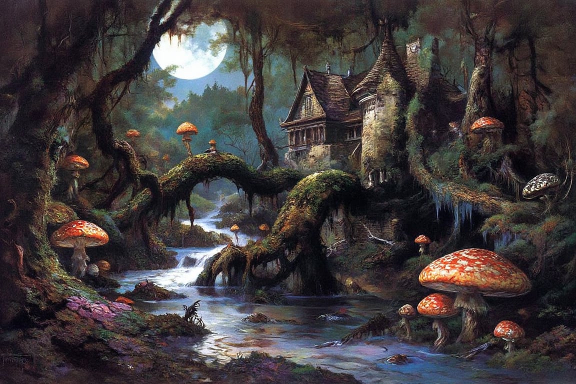 Masterpiece, professional, award-winning, intricate details, ultra high detailed, 64k, dramatic light, volumetric light, wild nature oil painting, old house with moss, mushroom, giant mushrooms in many color, river meandering through the trees, reflection, abstract art, African plains, drip painting, street moonscape, dynamic, energetic and expressive, play of colors and shapes, shredded, cork, flaky, large spots, impasto, knife pallet, 3D modeling, unreal engine, ultra detailed, hyperreal, 4k, 3d, HDRisunlight, forest of magic,FANTASY,OIL,PAINTING,IN,THE,STYLE,OF FR4Z3TT4