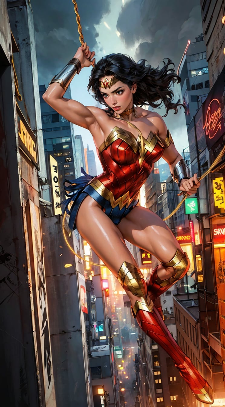 Generate a rough oil painting of Wonder Woman gracefully ((swinging through the gaps between skyscrapers)) (at night), ((flying)), using her ((Lasso of Truth)) like Spider-Man. The golden glow emanating from the Lasso of Truth illuminates the scene like fluorescent lights. Capture her in a dynamic and stylish pose, reminiscent of Frank Miller's Sin City style. (field of depths,boheh backdrop),wonder_woman,artgerm,semi-realistic,Anime,highres,masterpiece