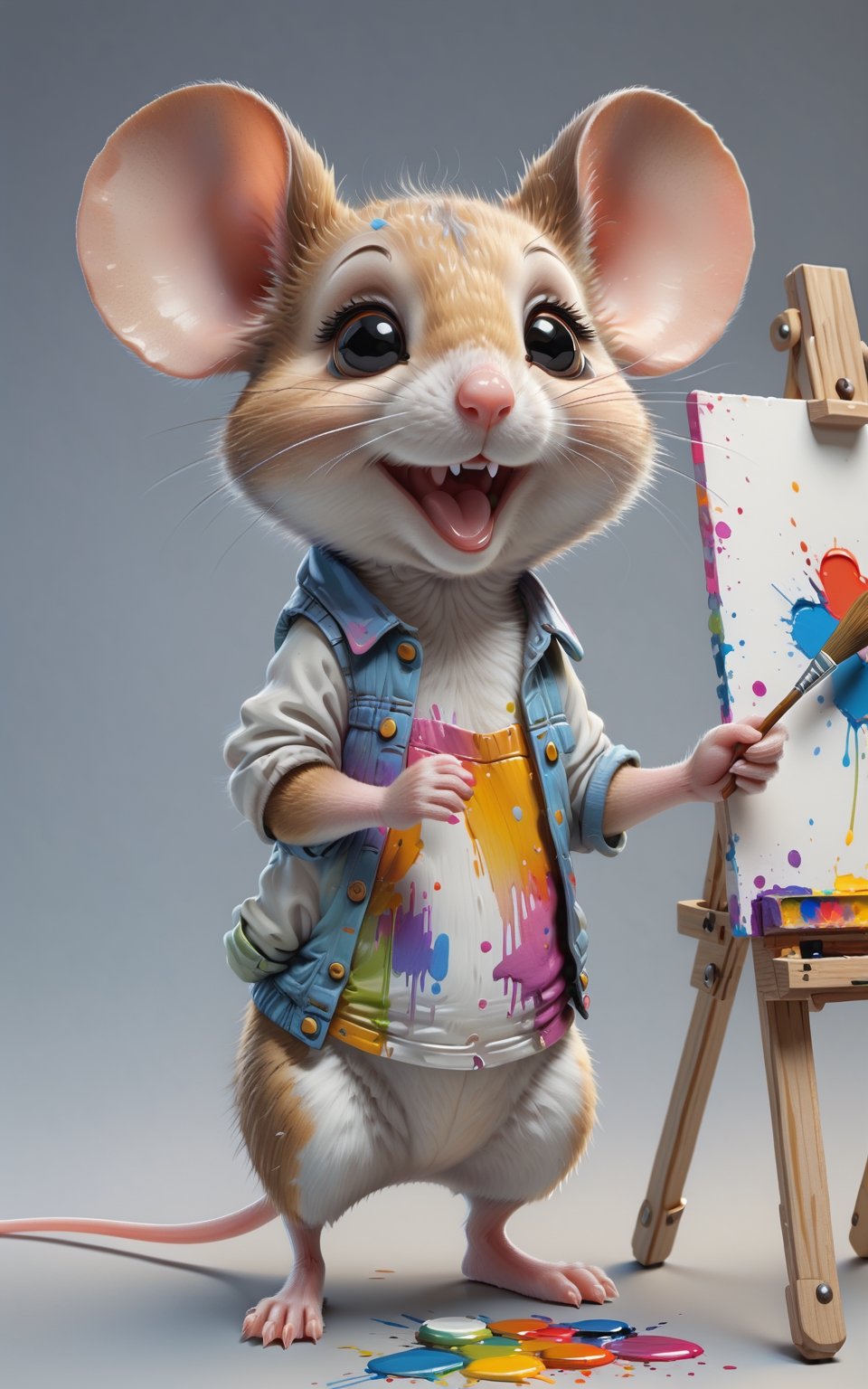 "A little mouse looking very cute. Mouse is working as an artist. Wearing typical clothes like a painter. Mouse looks very...