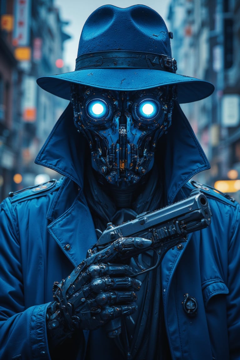 Masterpiece, professional, award-winning, intricate details, ultra high detailed, 64k, dramatic light, volumetric light, A comic noir-themed humanoid robot, wearing a closed blue trench coat, a blue fedora hat, a mask without details instead of a blue colored face with two unique white eyes and a Mauser in its right hand.,ek_art_b00ster,anime,cyberpunk,